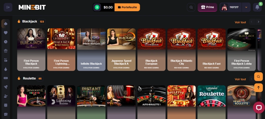 Jeux de table sur MineBit Casino