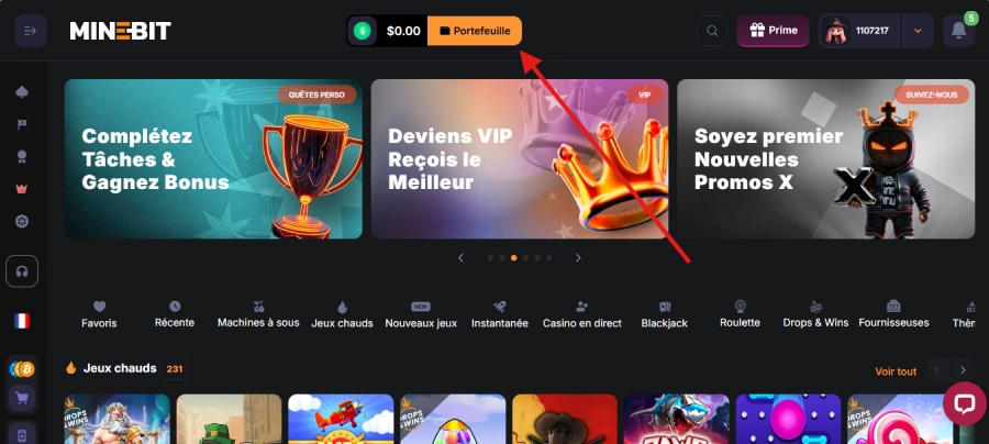 MineBit Casino retrait étape1