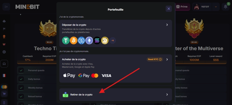 MineBit Casino retrait étape2