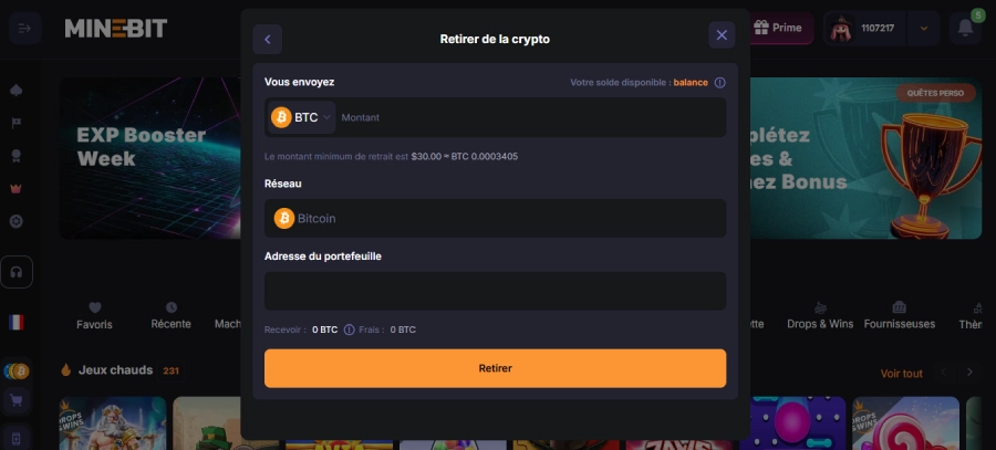 MineBit Casino retrait étape3