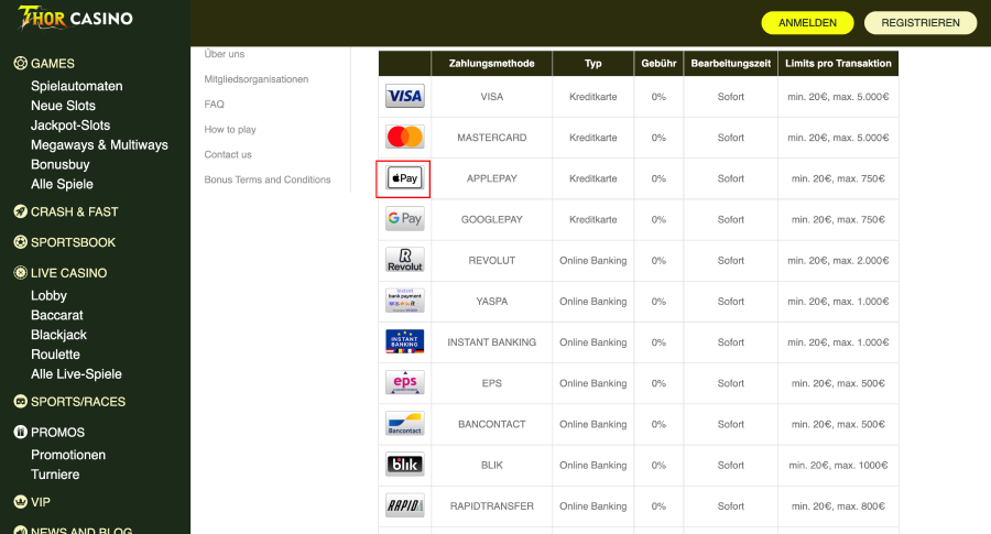 Thor Casino Apple Pay