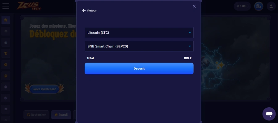 sélection méthode de dépôt Litecoin sur Zeuswin