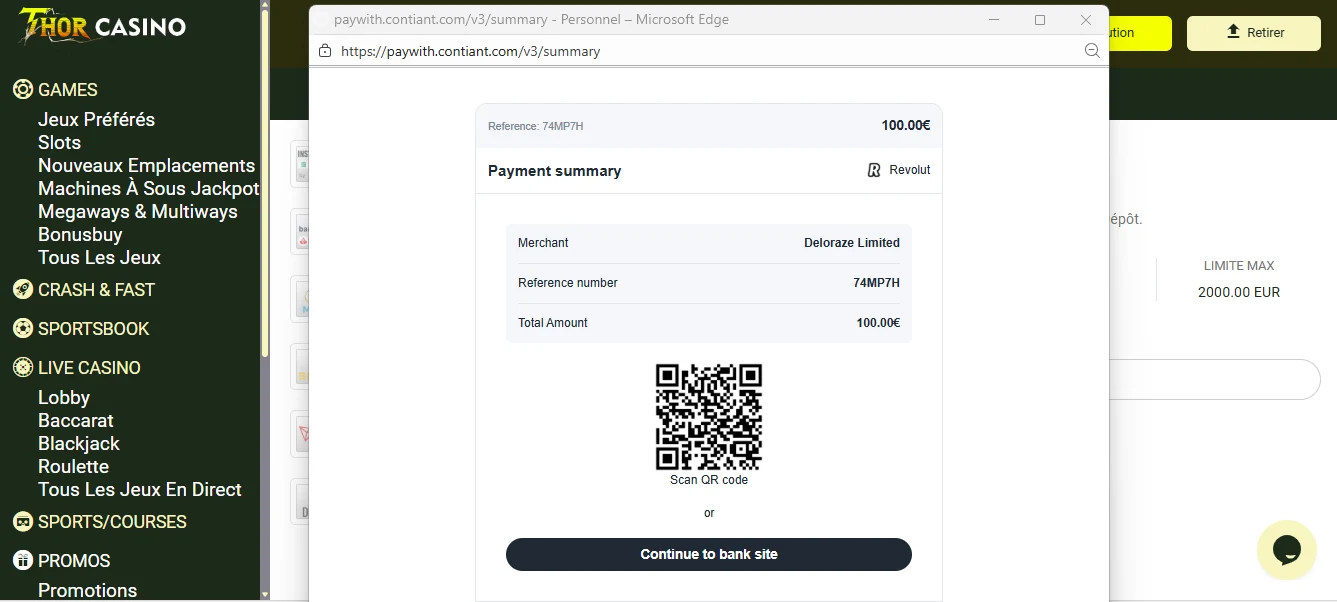 dépôt sur thor casino étape 3