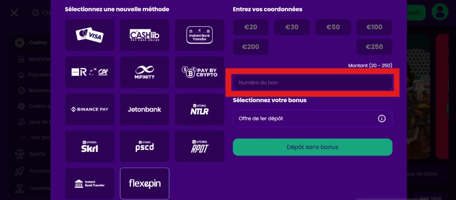 entrer numéro du bon flexepin