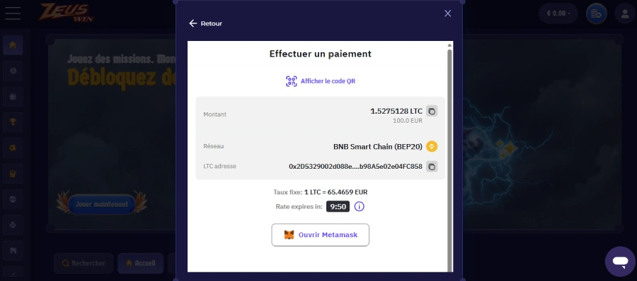 finalisation dépôt Litecoin sur Zeuswin
