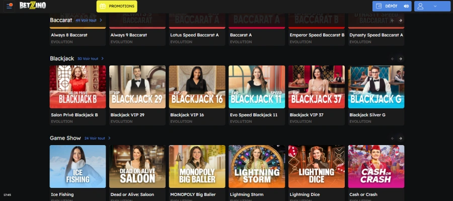 jeux de casino live sur Betzino