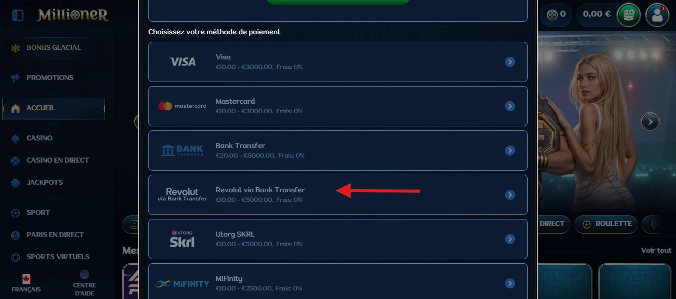 retrait sur millioner casino étape 2