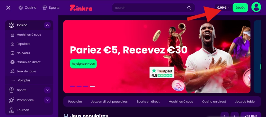 section dépôt Zinkra casino