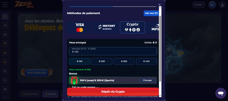 sélection méthode de paiement crypto sur Zeuswin