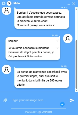 échange avec le service client sur Betzino
