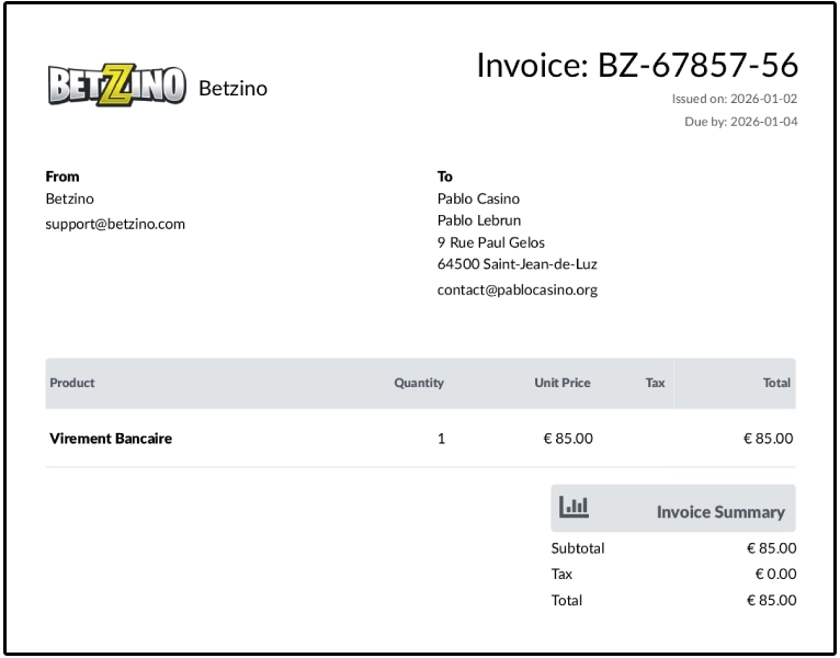 preuve de paiement de Betzino