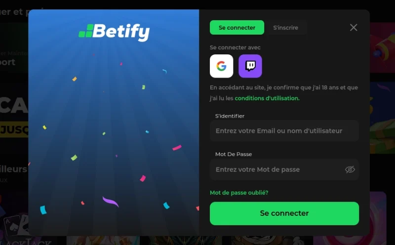 Écran de connexion sur Betify casino en ligne.