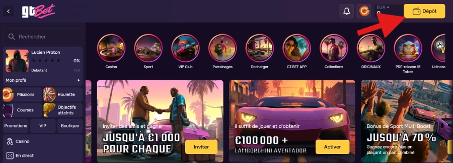 capture d'écran dépôt crypto étape 1 gtbet