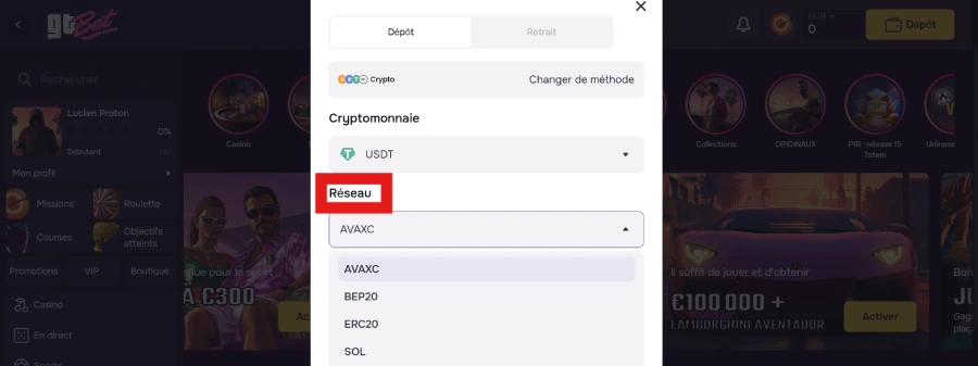 capture d'écran dépôt crypto étape 3 gtbet