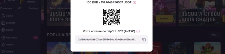 capture d'écran dépôt crypto étape 4 gtbet