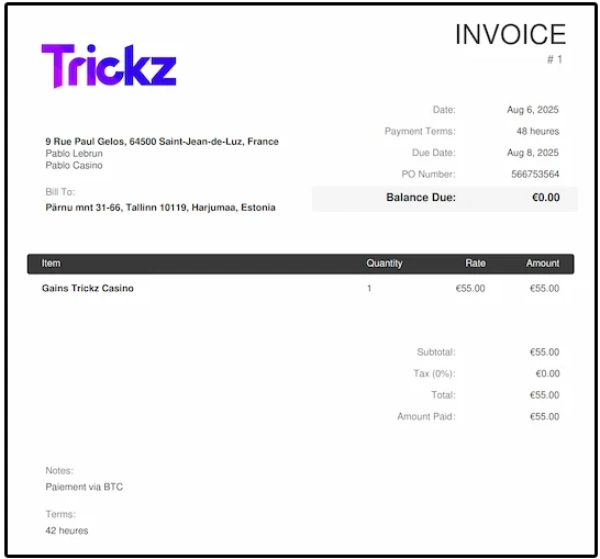 capture d'écran preuve retrait trickz