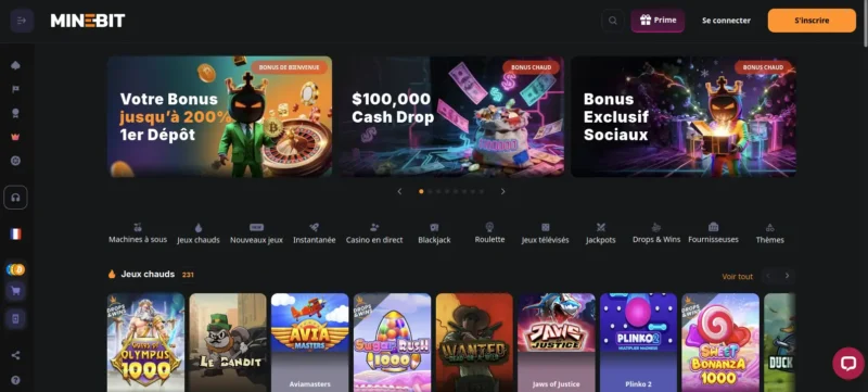 Écran d'accueil du site Minebit casino en ligne.