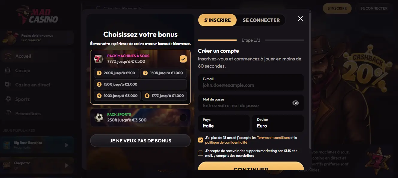 étape 2 inscription connexion casino en ligne