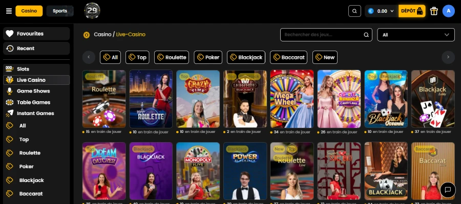 les jeux de casino en direct sur 29Black Casino