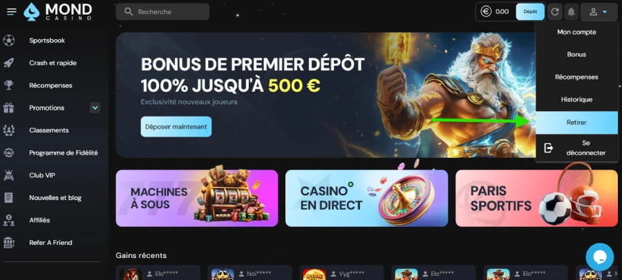 faire un dépôt sur Mondcasino étape 1