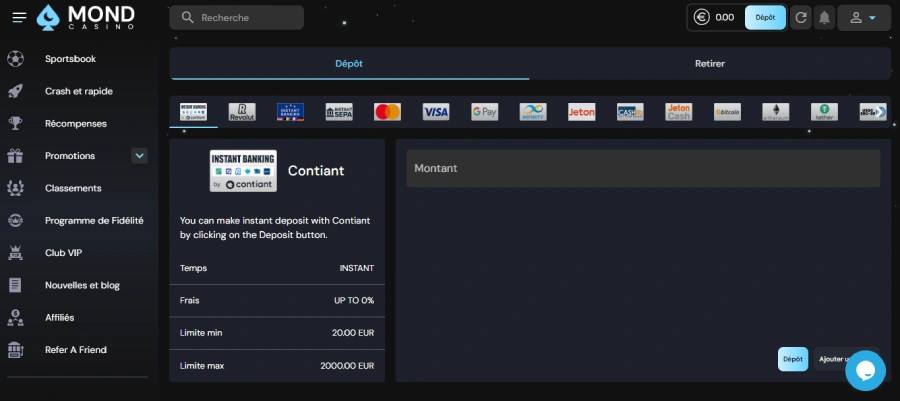 faire un dépôt sur Mondcasino étape 2