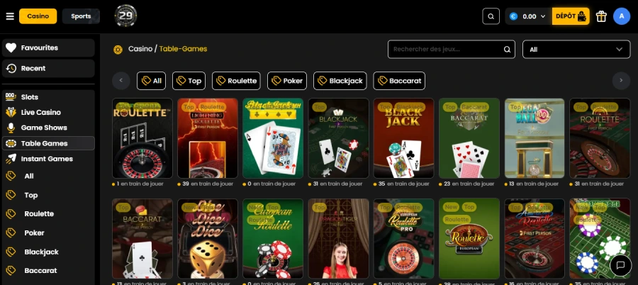les jeux de table sur 29Black Casino