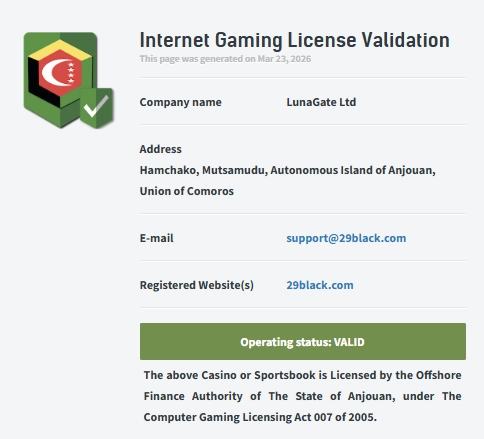 licence de 29Black Casino
