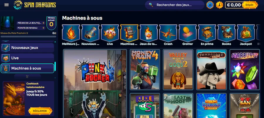 capture d'écran machines a sous spindragons