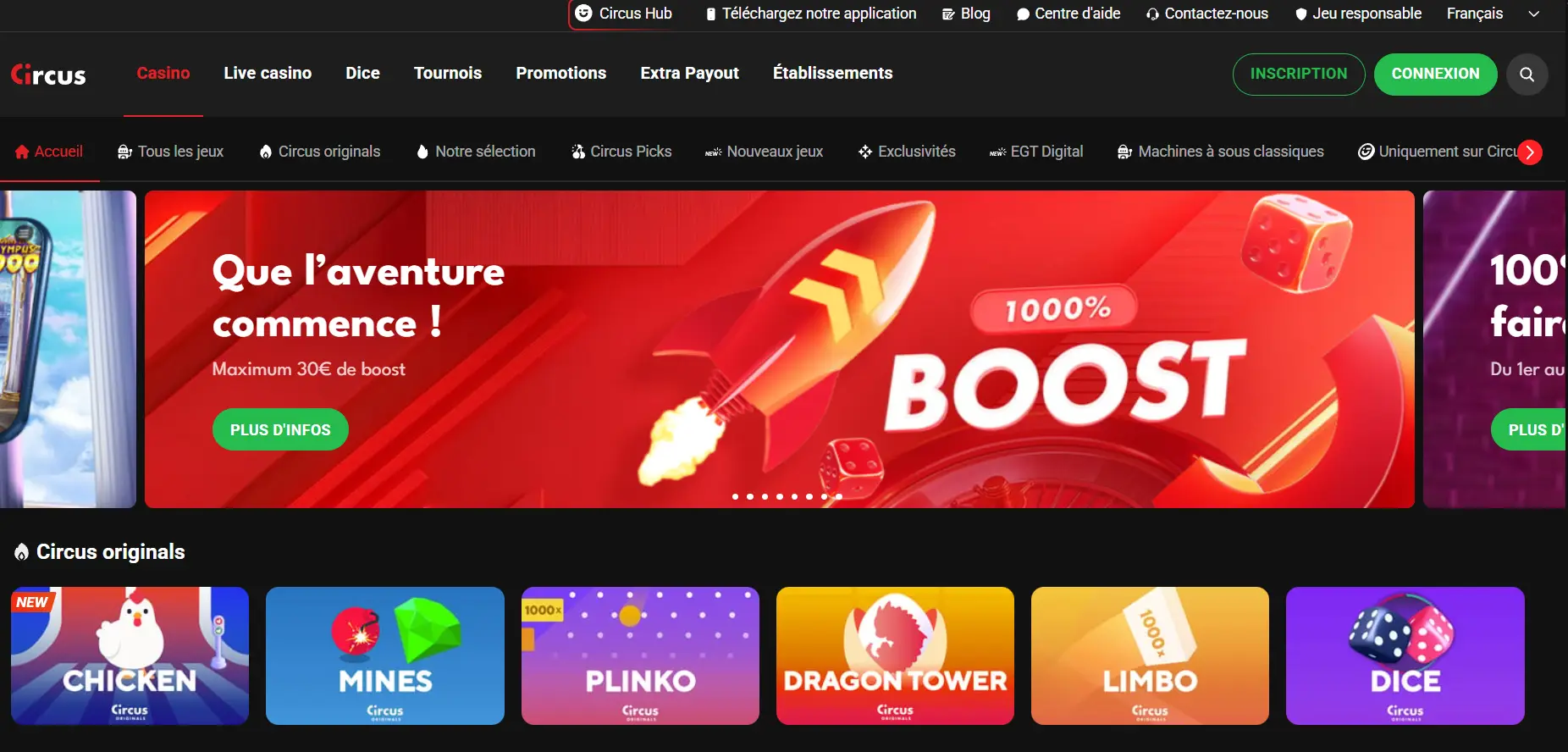 page d'accueil circus casino