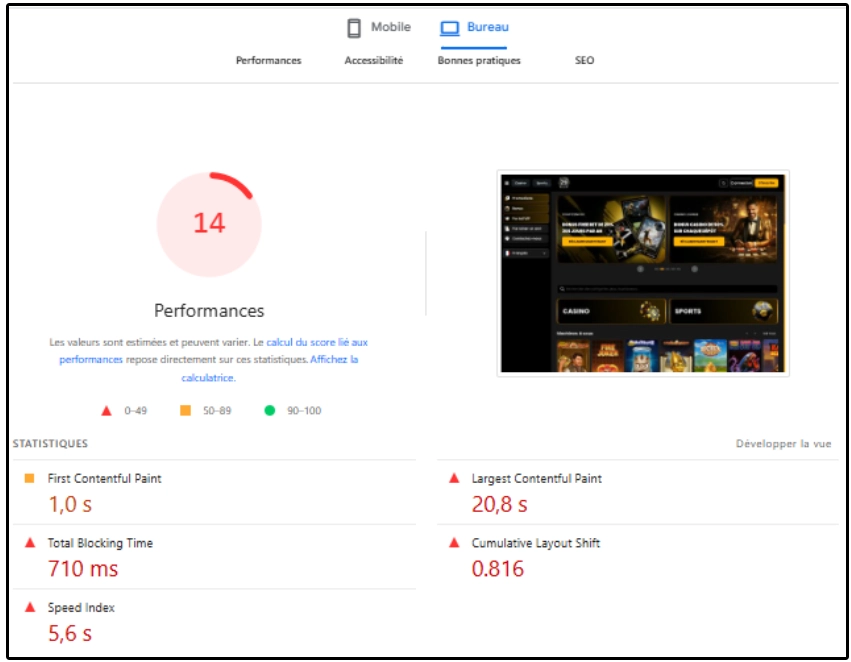 performance de 29Black Casino sur ordinateur