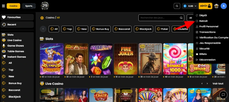 retrait étape 1 29black casino