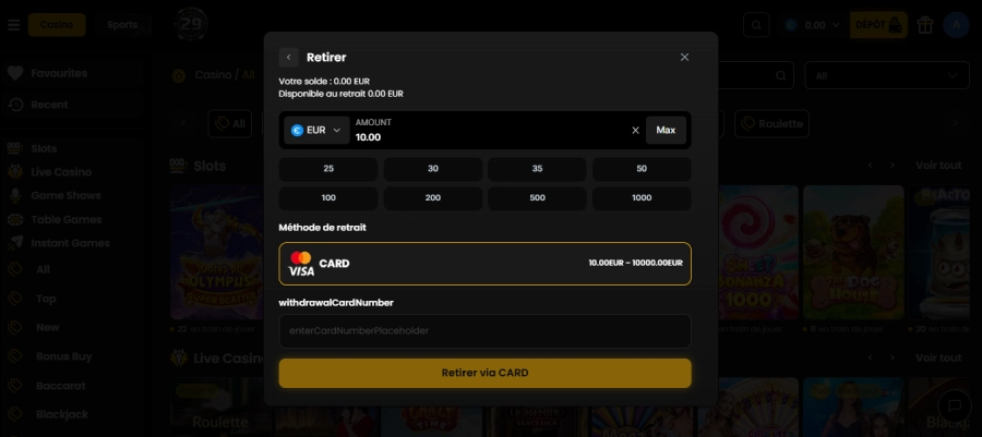 retrait étape 2 29black casino