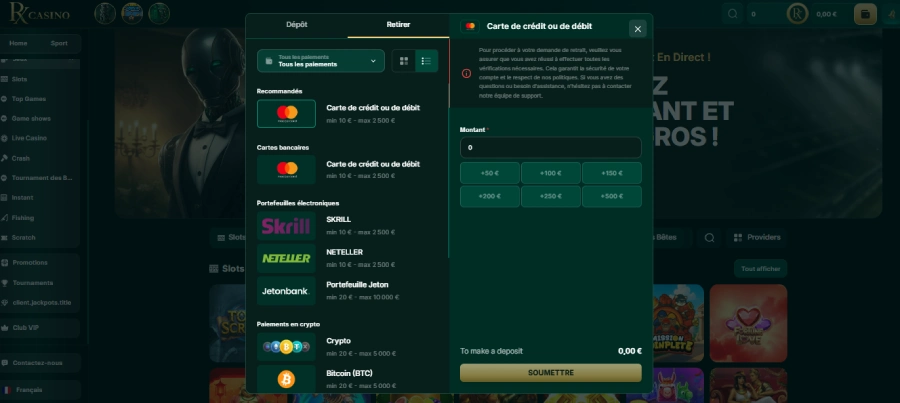 faire un retrait étape 3 sur RX Casino