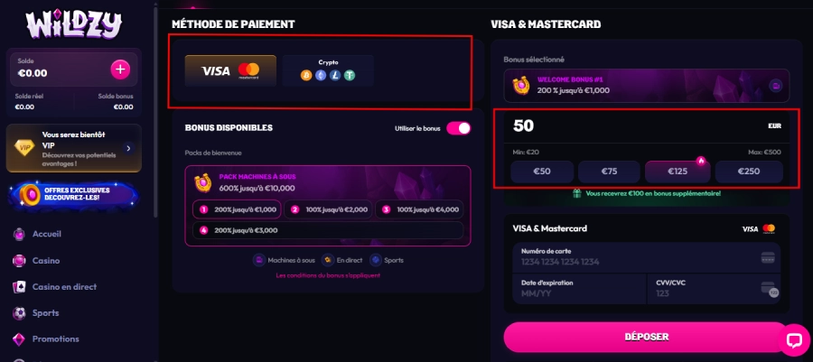 dépôt étape2 wildzy casino