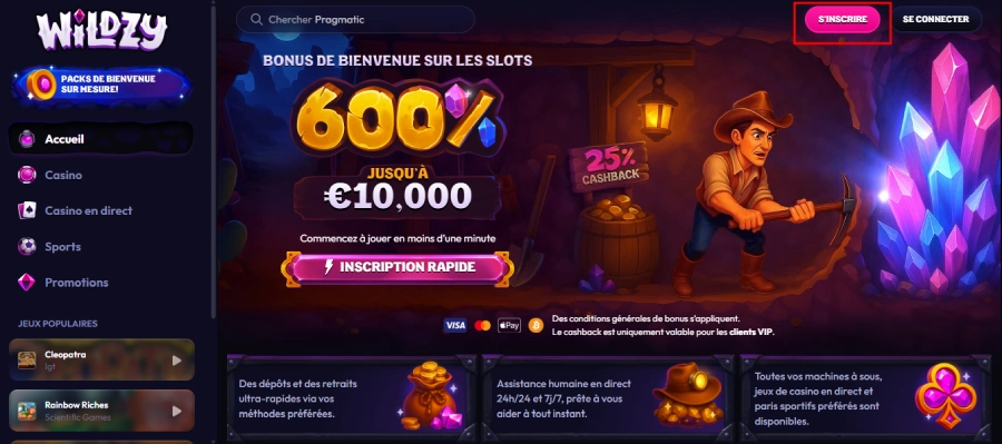 inscription étape1 wildzy casino