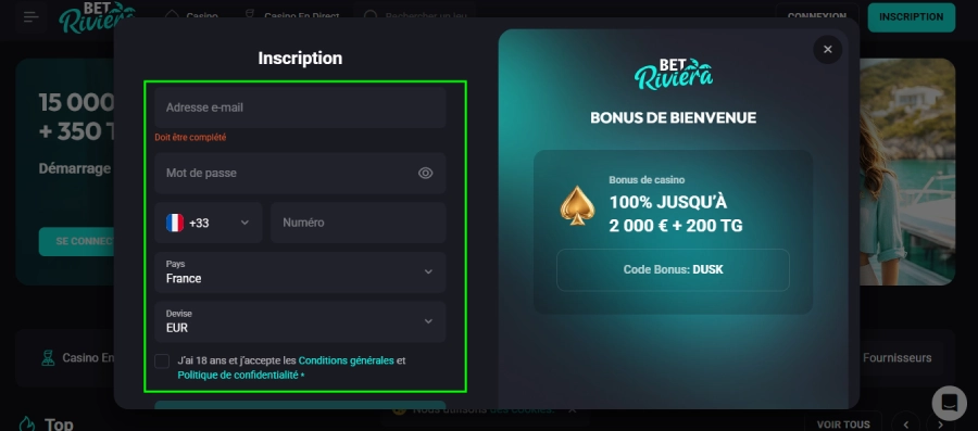 inscription étape2 betriviera casino