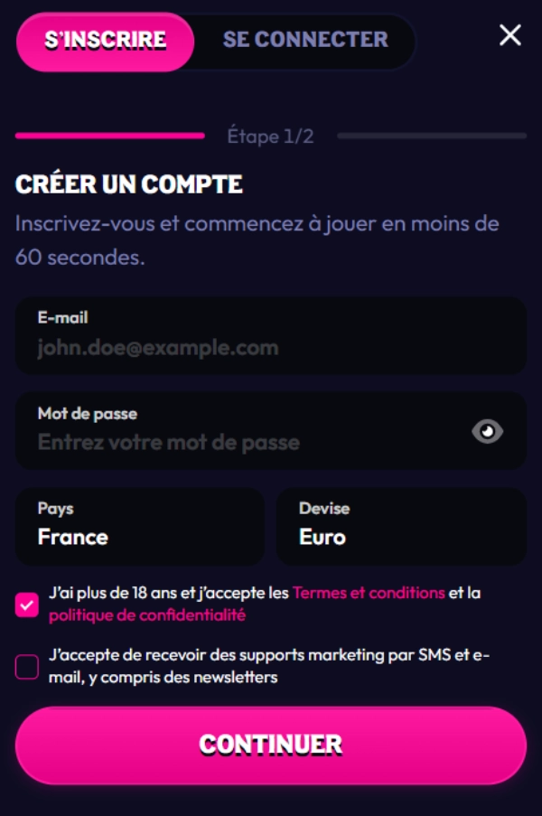 inscription étape2 wildzy belgique