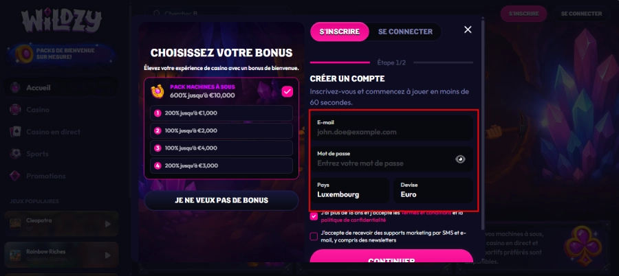 inscription étape2 wildzy casino