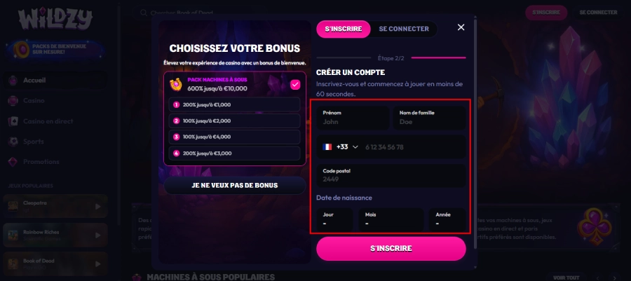 inscription étape3 wildzy casino