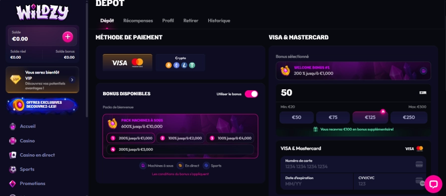 inscription étape4 wildzy casino