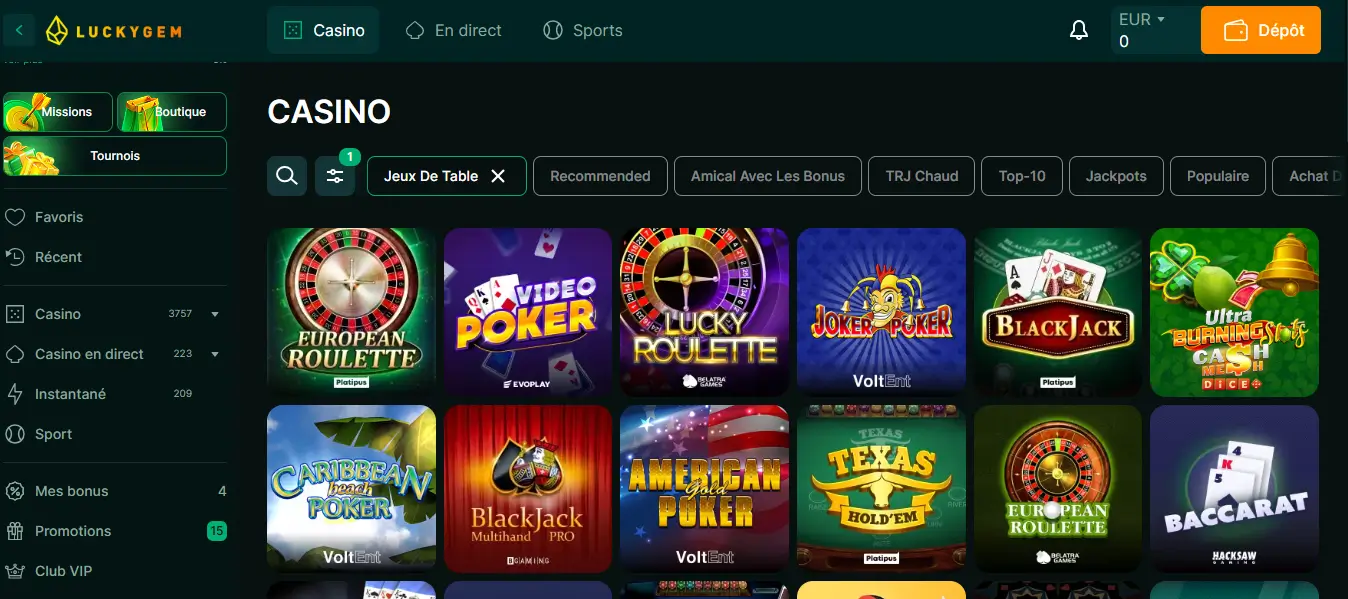 jeux de table luckygem casino