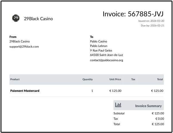 preuve de paiement 29Black Casino