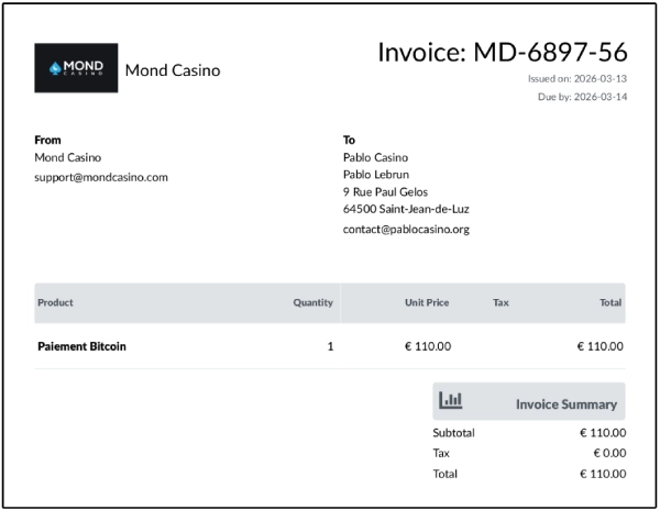 preuve de paiement Mond Casino