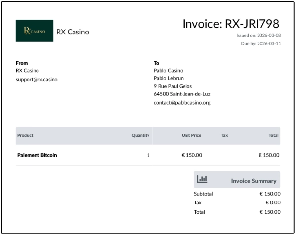 preuve de paiement RX Casino