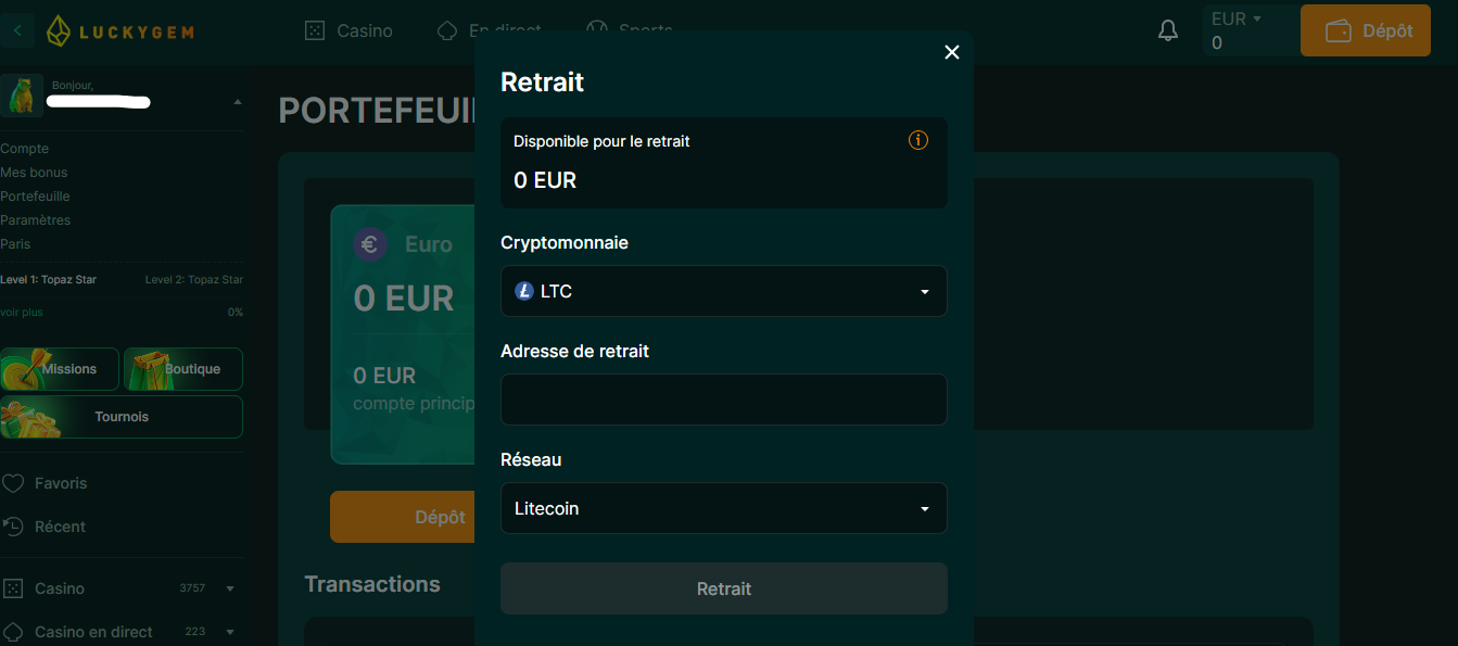 retrait étape 4 luckygem casino