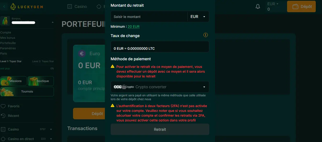 retrait étape 5 luckygem casino