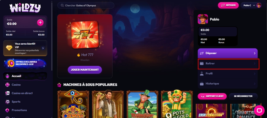 retrait étape1 wildzy casino