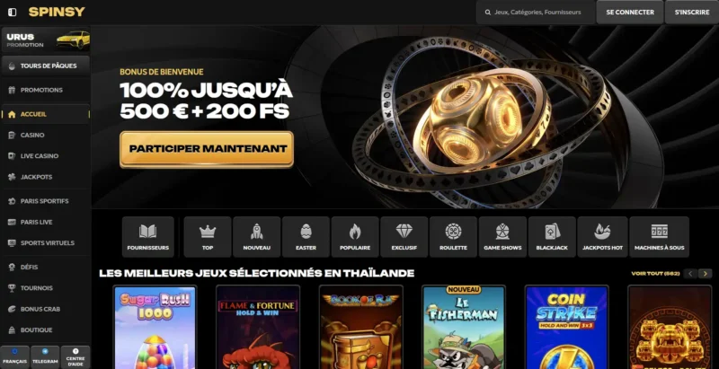 Écran d'accueil de Spinsy Casino en ligne